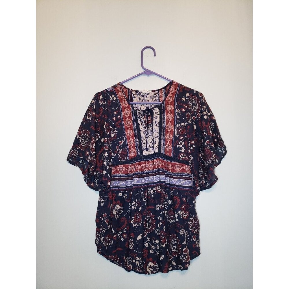 Beach Lunch Lounge Women Sz XS Blouse Short Sleeve Paisley Blue Red Boho Peasant